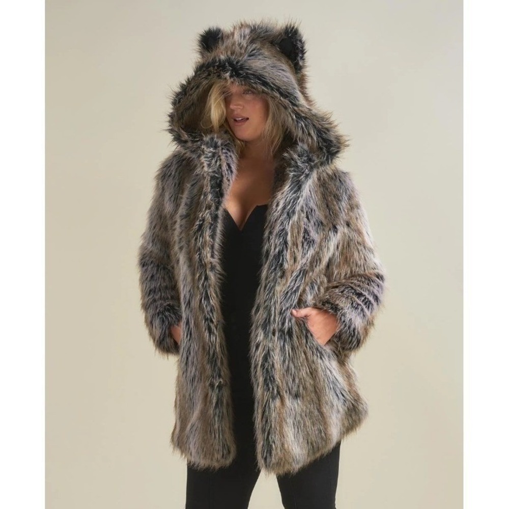 NWT SpiritHoods Grey Wolf Faux Fur Hooded Coat Jacket Women Boho Festival Rave M